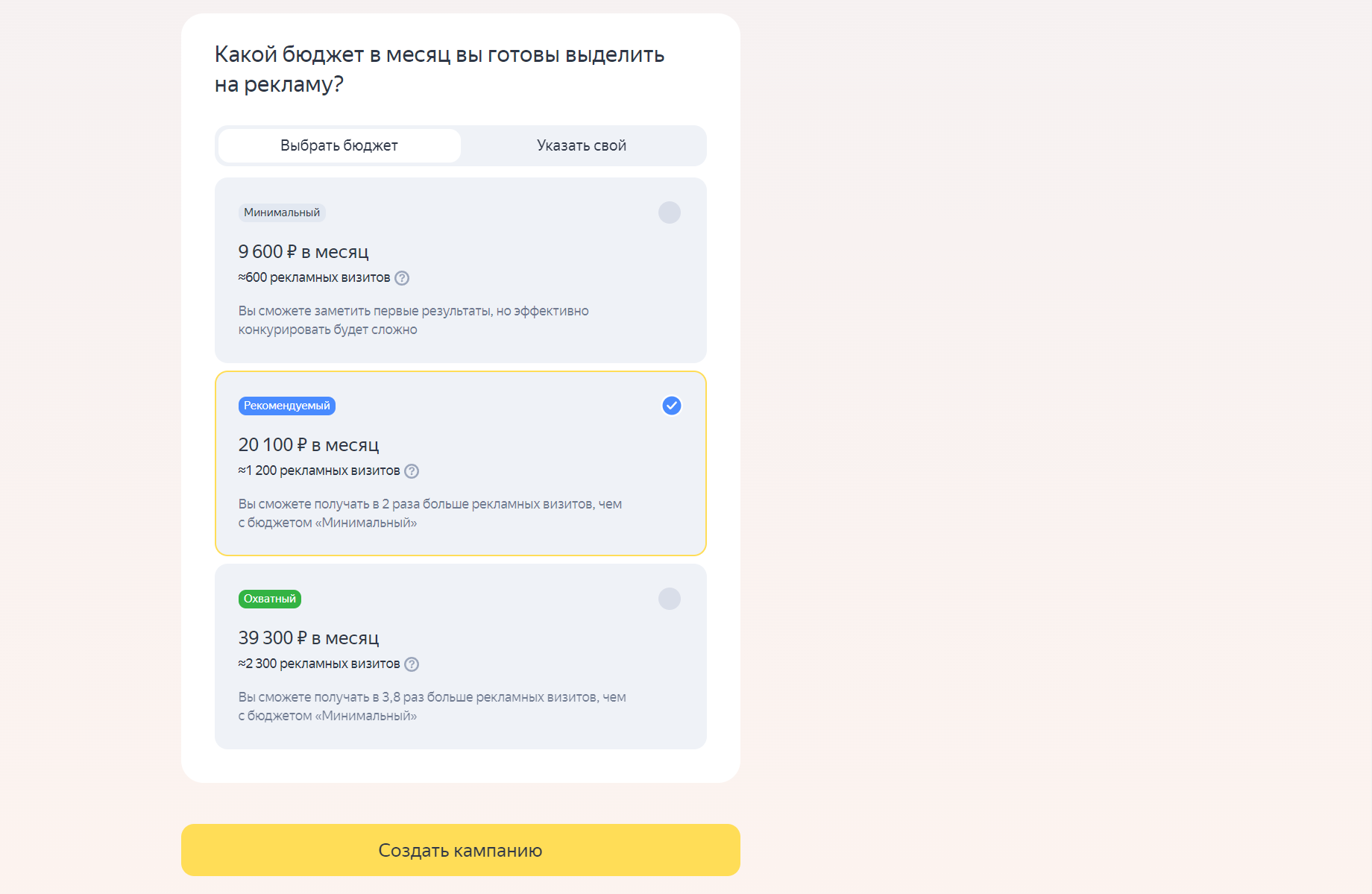 Выбор бюджета в Директе