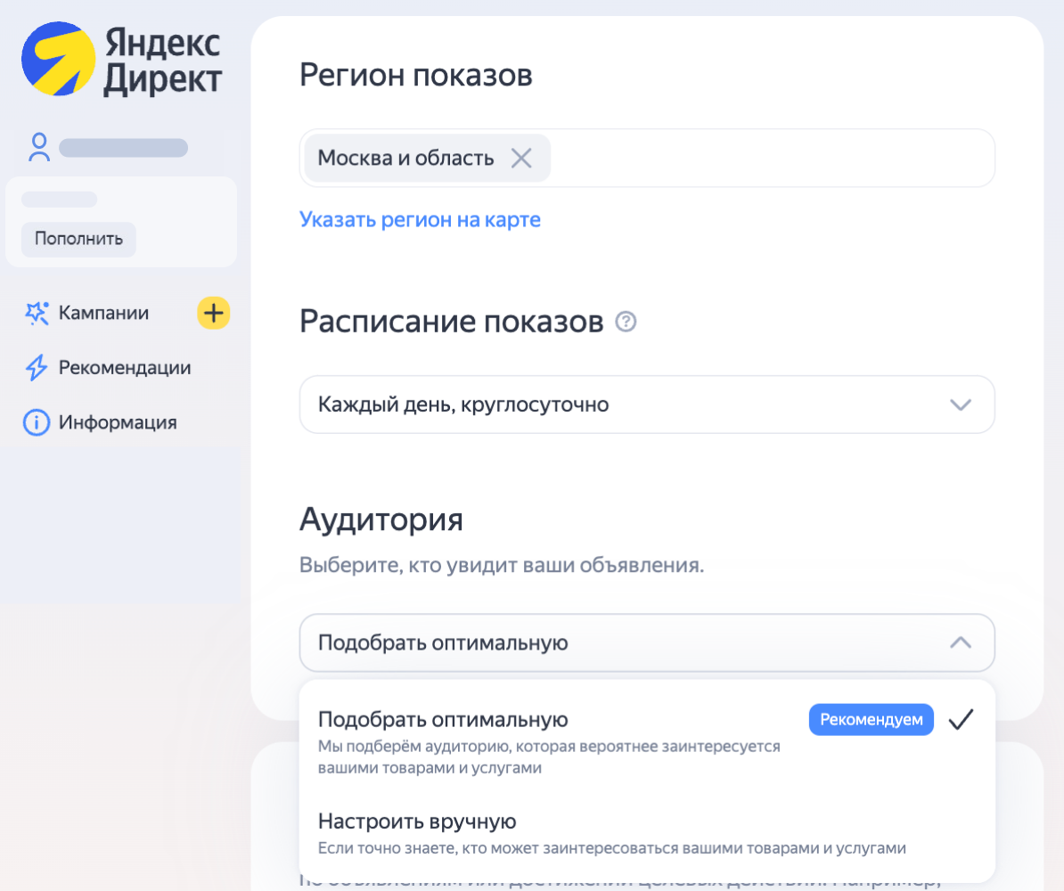 Настройка параметров аудитории в Директе